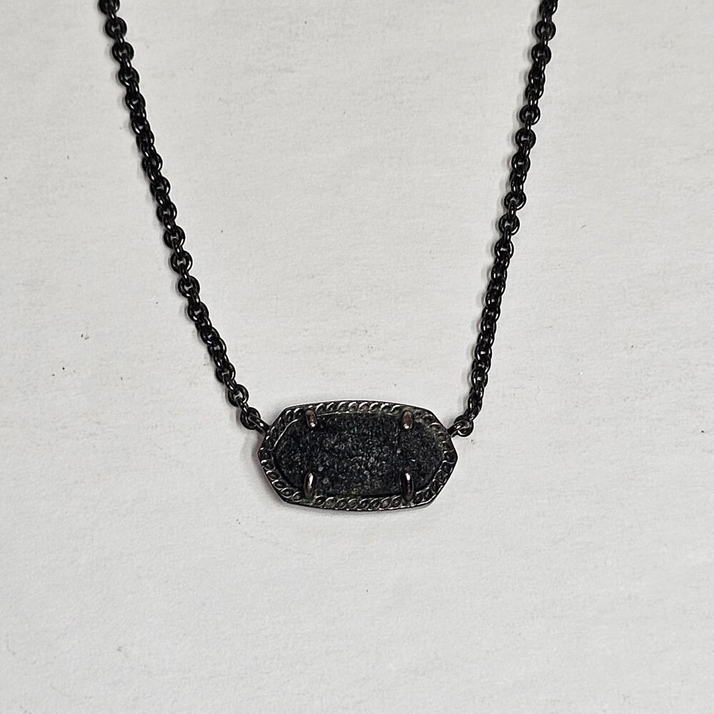 Kendra Scott ELISA Black Drusy Druzy Pendant Necklace Gunmetal Chain 15in+2in